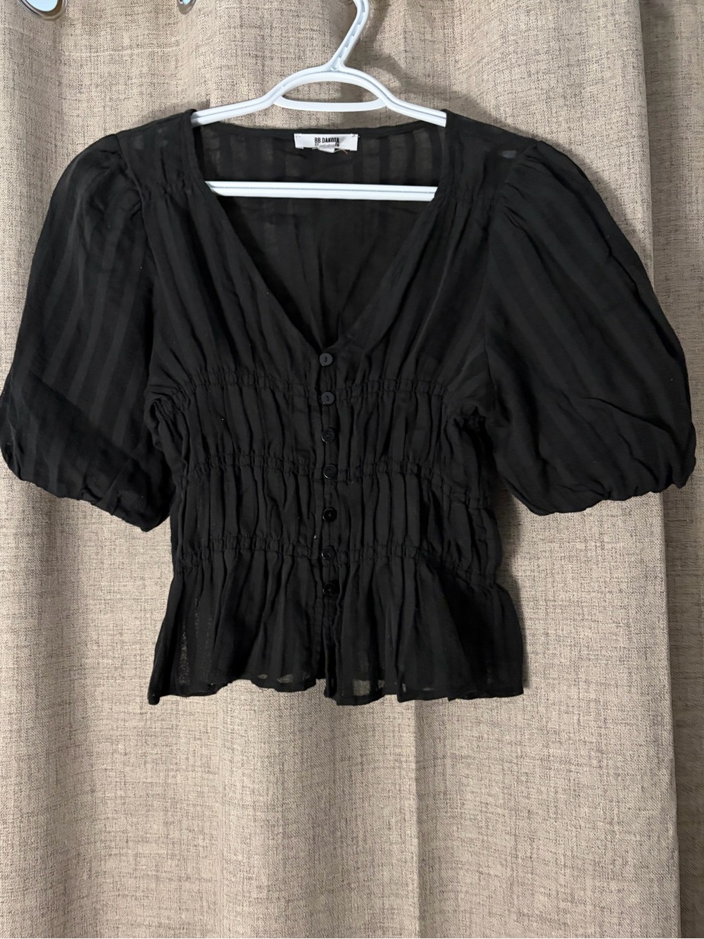 BB Dakota Black Smocked Puff Sleeve Button-Up Blouse